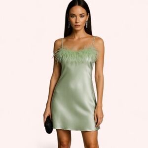 Sleeper Boheme Mint Green Ostrich Feather Trim Satin Mini Slip Dress Size S